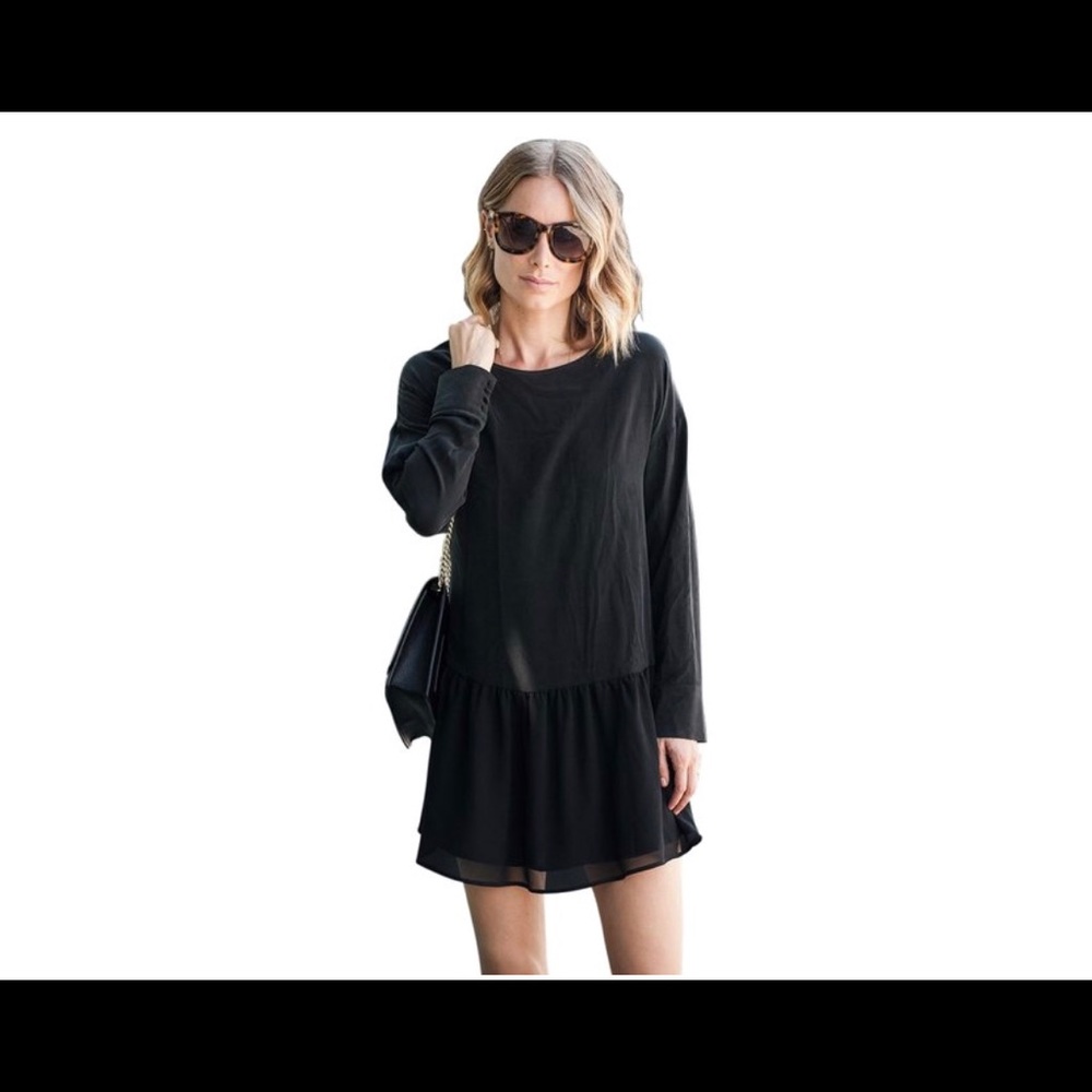 Black Silk Flounce Long Sleeve Silk